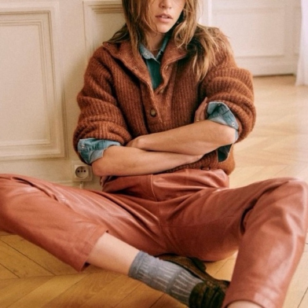 Sezane Micky Jumper Wool Sweater Pullover Balloon Sleeves Rib Knitting Hazelnut - Picture 2 of 8